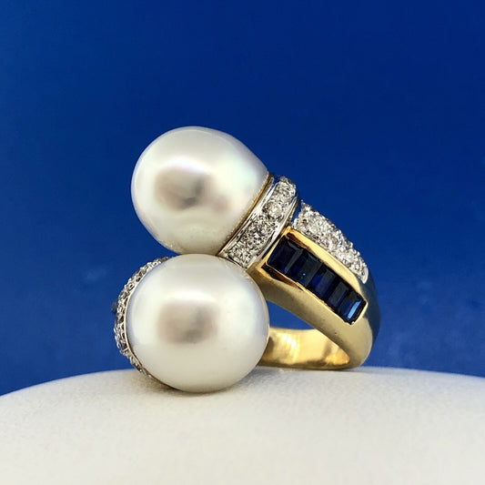 Estate 18K Yellow Gold Diamond Sapphire Pearl Bypass Cocktail Dinner Ring