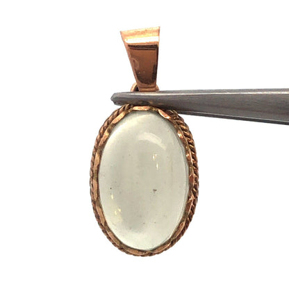 Vintage Art Deco 14K Yellow Gold Gray Green Quartz Cabochon Oval Charm Pendant