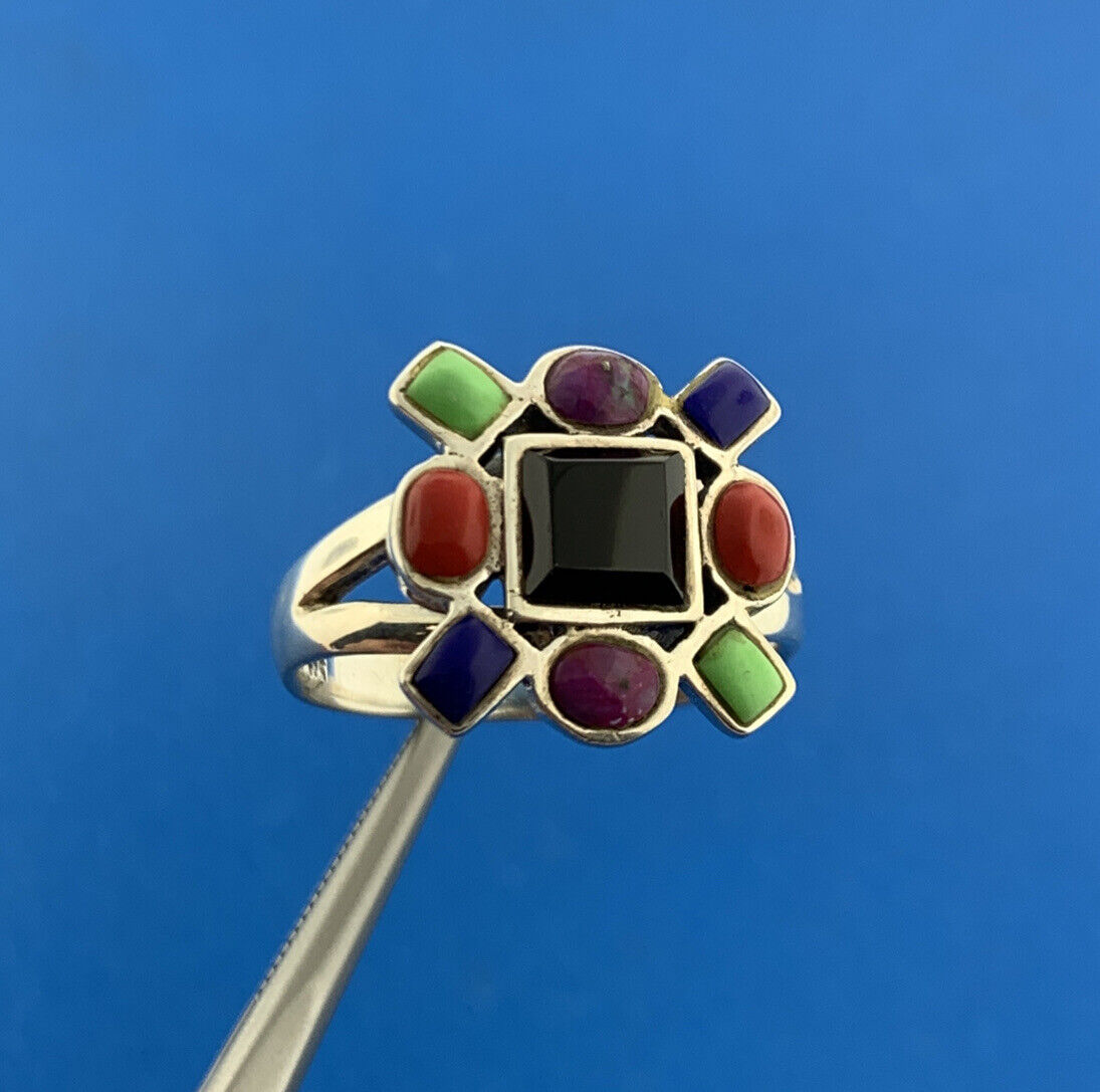 925 Sterling Silver Onyx Lapis Jasper Coral Turquoise Ring