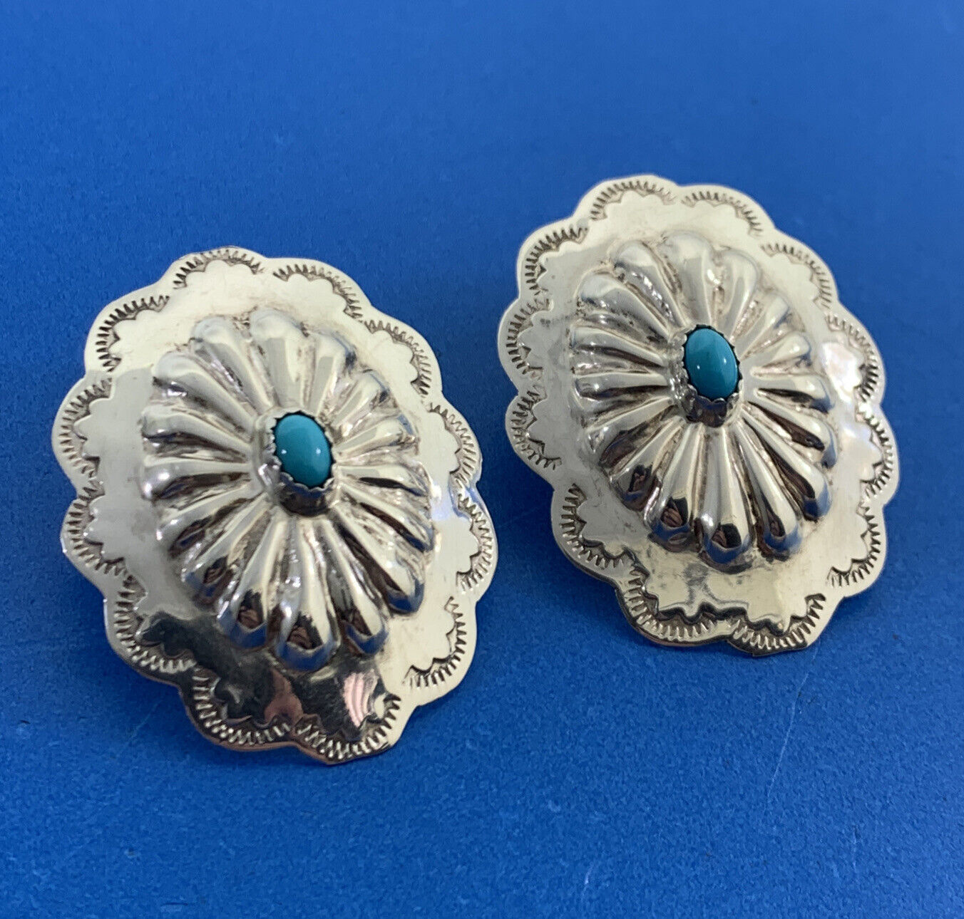 Native American Michael Perry 925 Sterling Silver Turquoise Concho Stud Earrings