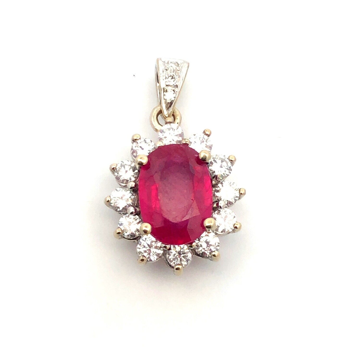 Estate 14K White Gold Oval Ruby Diamond Halo Pendant