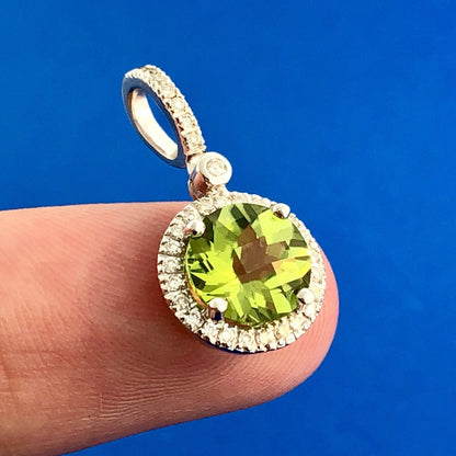 14k White Gold Peridot Pendant Diamond Halo Accents August Anniversary Pendant