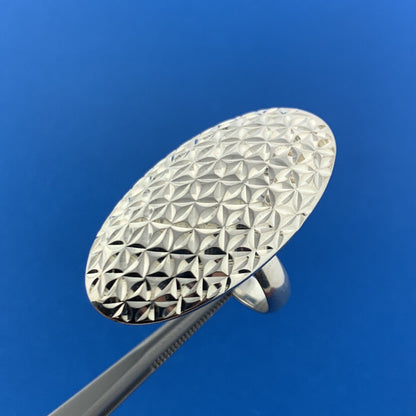 Designer Thailand Sterling Silver Oval Diamond Cut Engraved Statement Ring