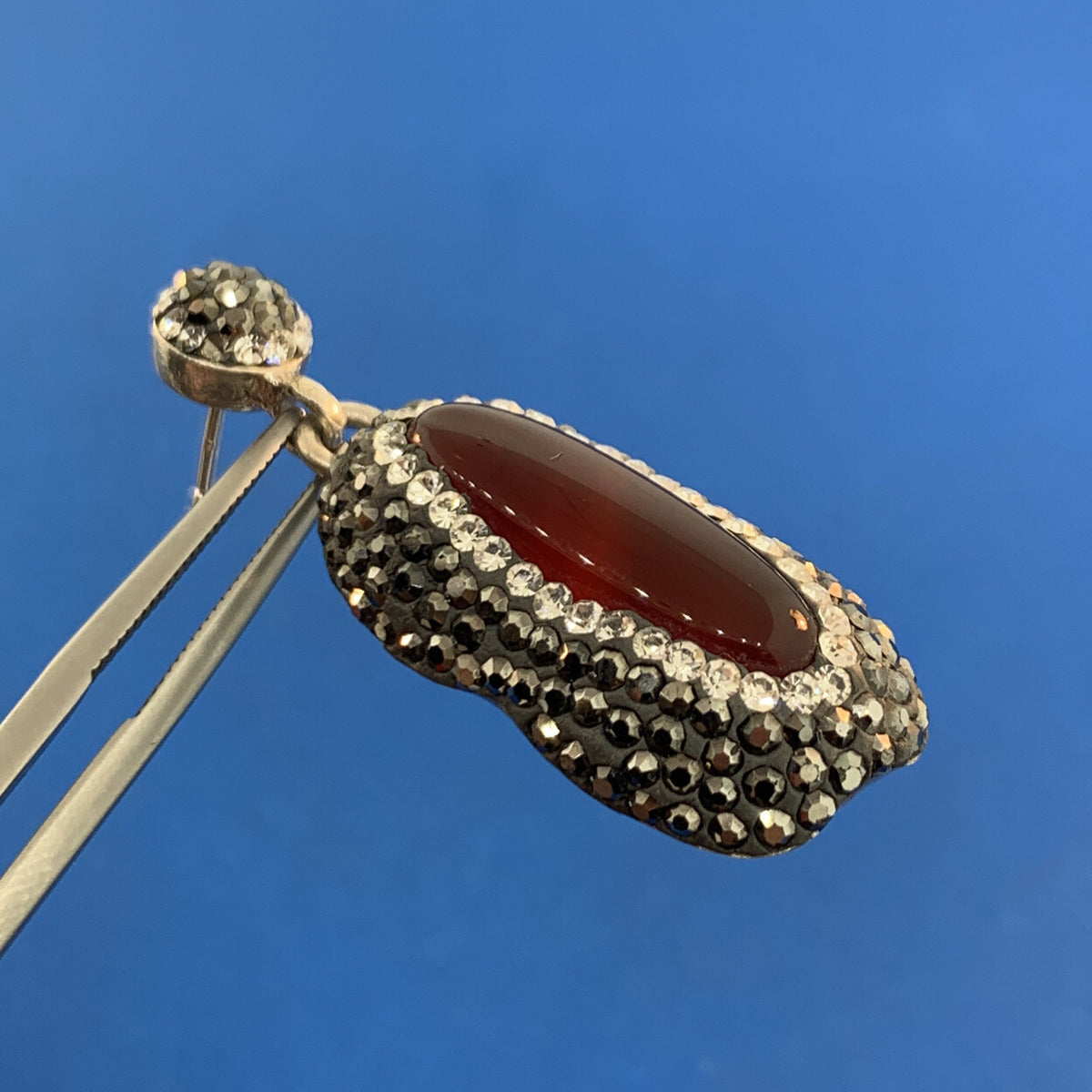 Art Deco 925 Sterling Silver Carnelian Crystal Marcasite Drop Dangle Earrings