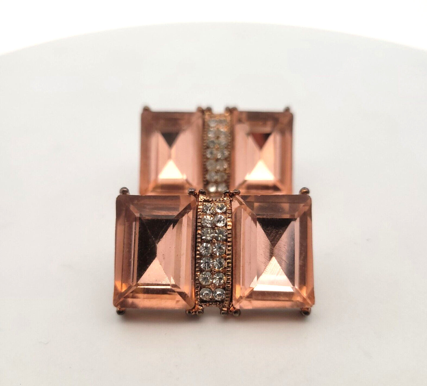 Vintage Copper Bronze Tone Pink & White Rhinestone Statement Clip On Earrings