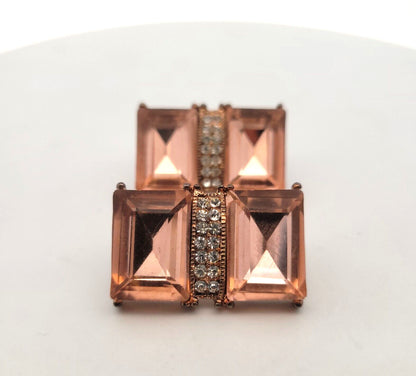 Vintage Copper Bronze Tone Pink & White Rhinestone Statement Clip On Earrings