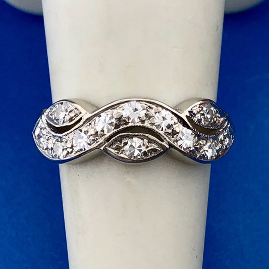 Mid Century 14K White Gold Diamond Modernist Entwined Wave Wedding Band Ring