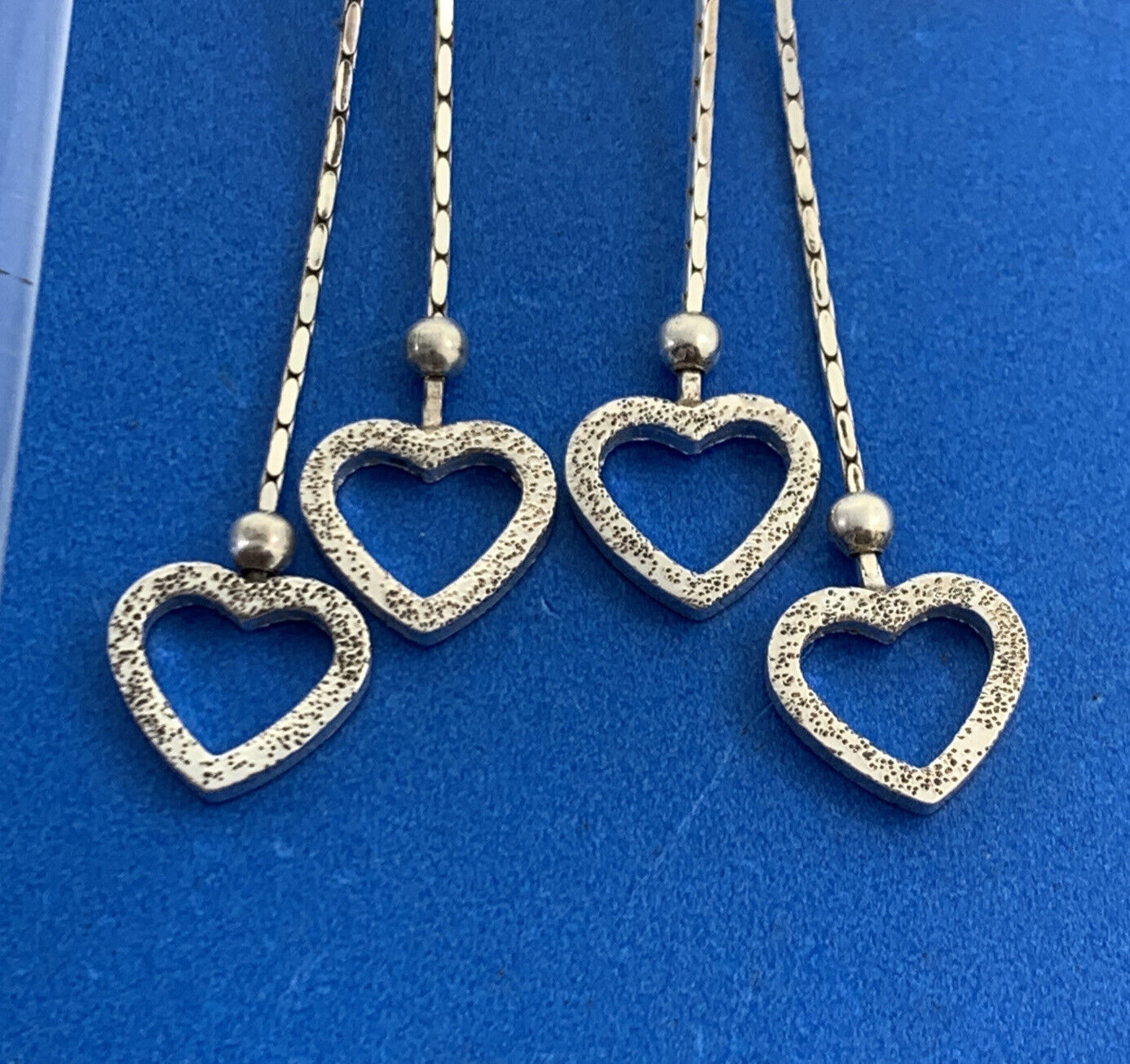 Vintage Italy 925 Sterling Silver Double Heart Drop Dangle Chain Stud Earrings