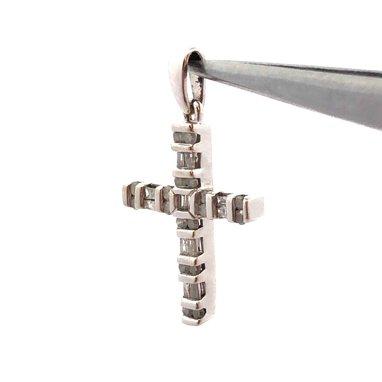 Designer SNJ 10K White Gold Round Baguette Diamonds Cross Pendant