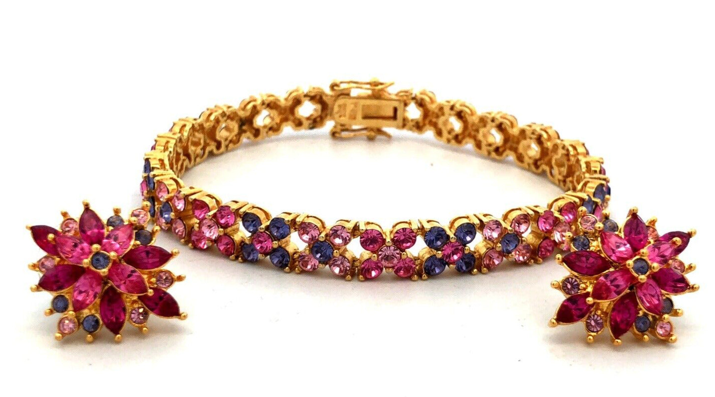 Joan Rivers Gold Tone Pink Purple Cubic Zirconia CZ Bracelet Earring 3 Pc Set