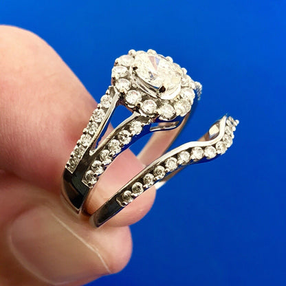 Stunning 14K White Gold Oval Diamond Halo Two Piece Engagement Bridal Set