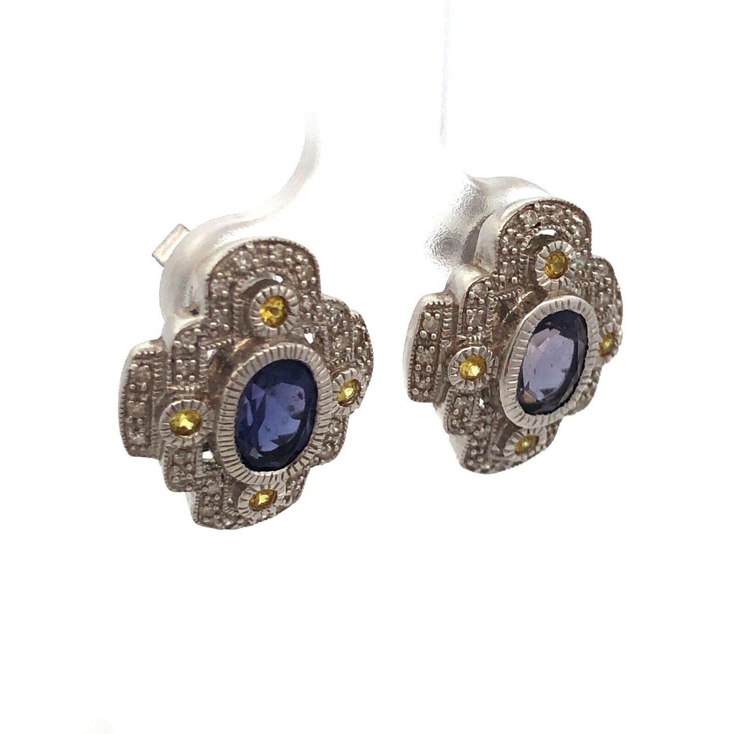 Designer 10K White Gold Oval Tanzanite Yellow Topaz Diamond Stud Earrings