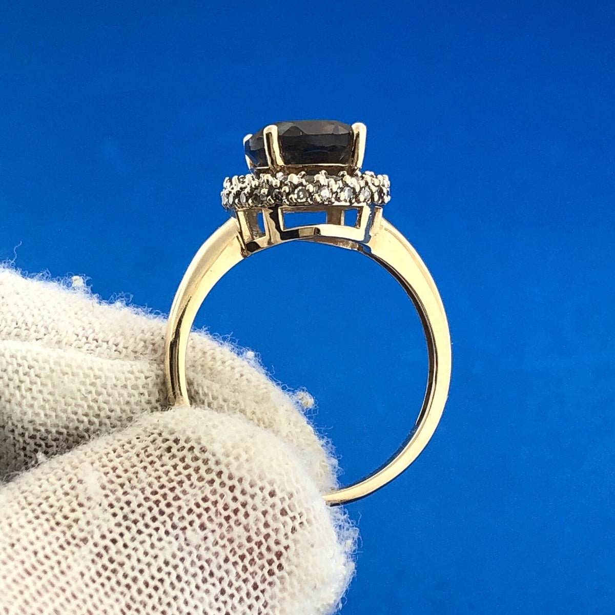 Retro Designer 14K Yellow Gold Oval Smoky Quartz Diamond Halo Cocktail Ring