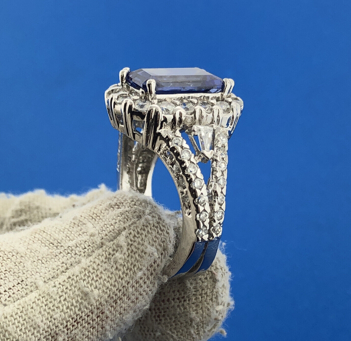 Dramatic 925 Sterling Silver Rectangle Blue Tourmaline CZ Accent Statement Ring