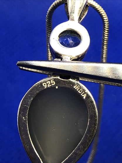 Designer 925 Sterling Silver Pear Druzy Quartz Blue Topaz Pendant Necklace