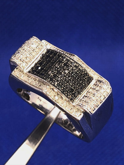 Designer 925 Sterling Silver Black White Pave Diamond Unisex Modernist Dome Ring