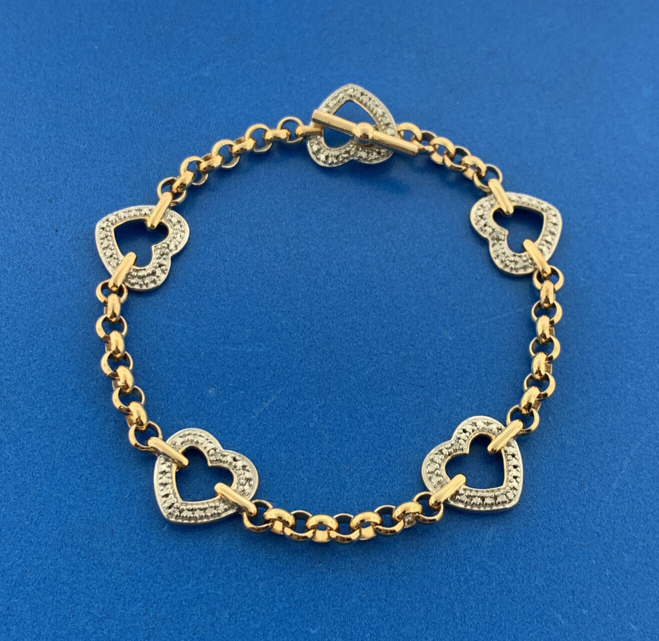 Designer 925 Sterling Silver Vermeil Diamond 2 Tone Heart Panel Toggle Bracelet