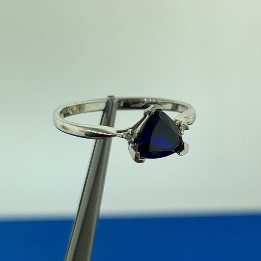 10K White Gold Trillion Cut Sapphire Diamond Accented Size 7 Ring