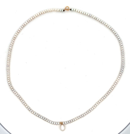 14K Yellow Gold Grey Button Pearl Beaded Drop Pearl Pendant Necklace