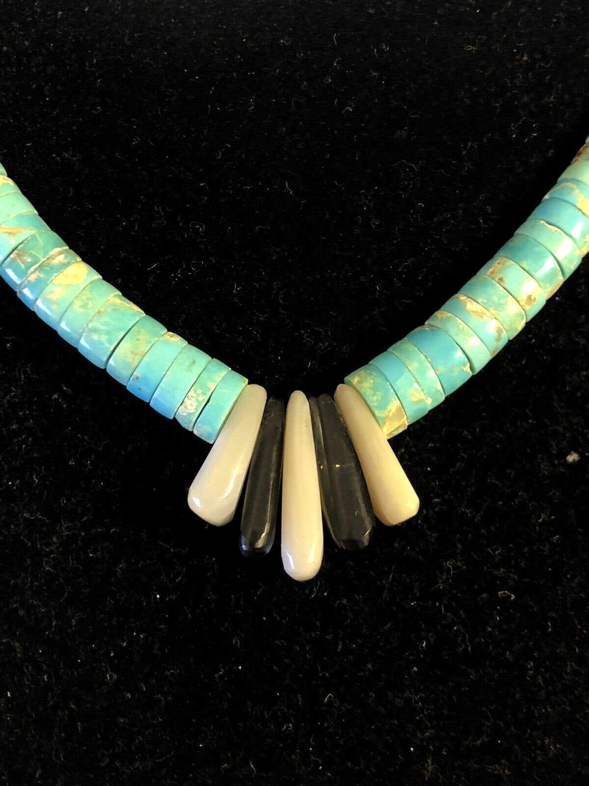 Vintage Silver Tone Turquoise Black Onyx Mother Of Pearl Choker Necklace