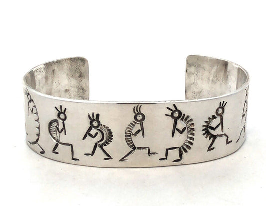 Native American 925 Sterling Silver Kokopelli Fertility Luck Open Cuff Bracelet