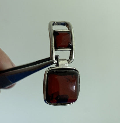 Modernist 925 Sterling Silver Garnet Cabochon Statement Dangle Stud Earrings