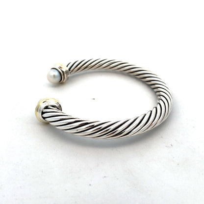 925 Sterling Silver David Yurman 14K Gold Pearl Classic Cable Cuff Bracelet