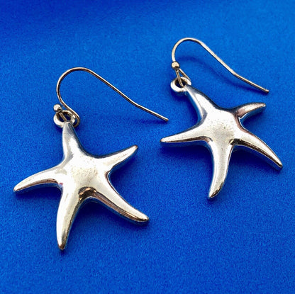 Silver Tone Moderist Star Starfish Beach Life Pendant Enhancer Drop Earrings Set