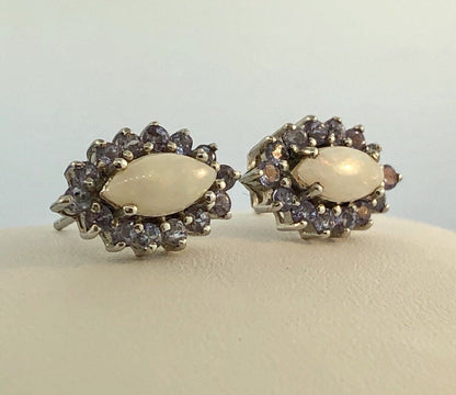 Designer 14K White Gold Marquise Opal Tanzanite Halo October Stud Earrings