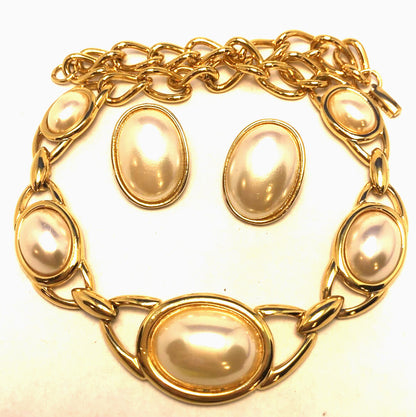 Estate Couture Napier Gold Tone Faux Pearl Clip Earrings And Necklace Set