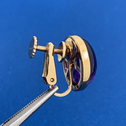 Vintage 14K Yellow Gold Amethyst Cabochon Hinged Statement Screw Back Earrings