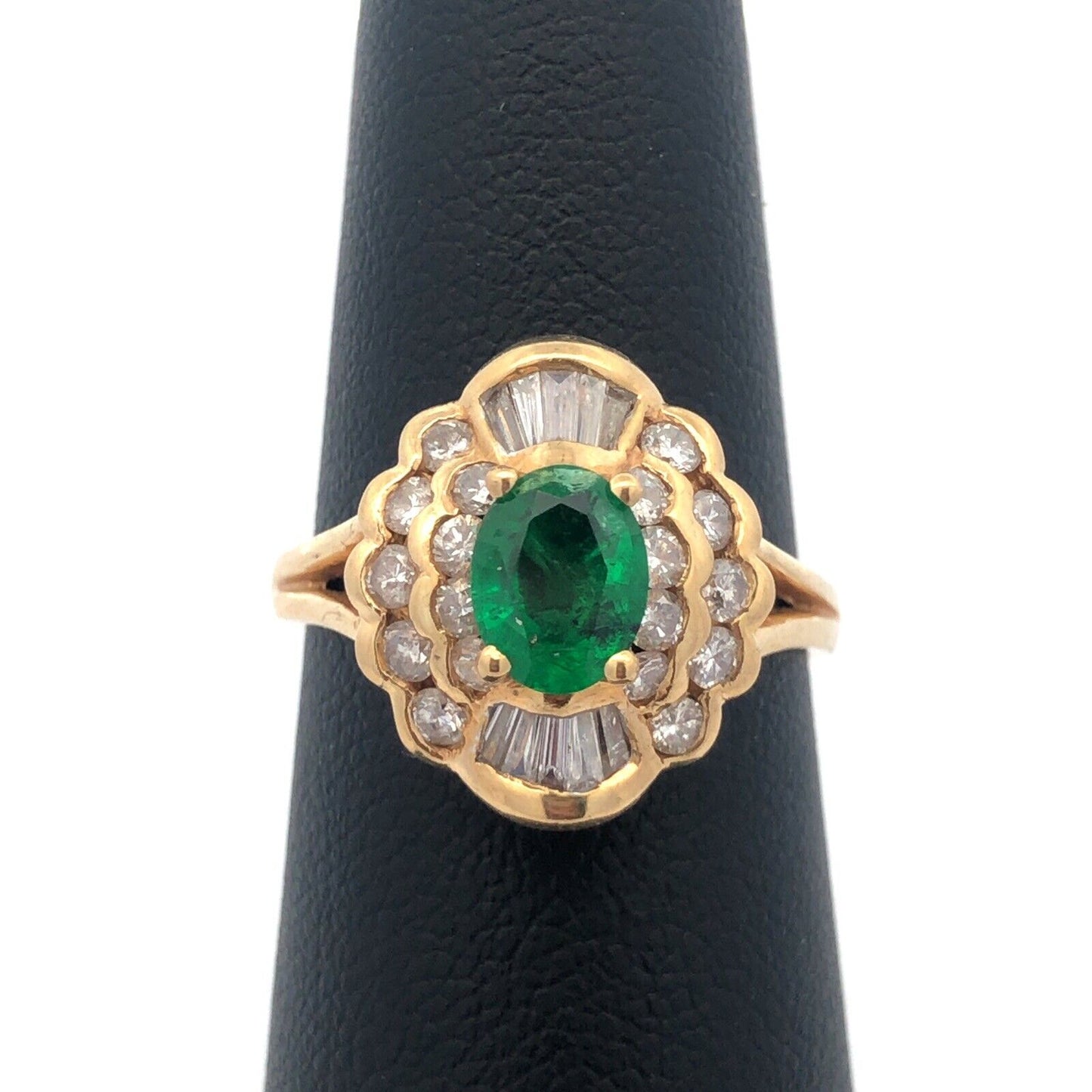 Estate 14K Yellow Gold Oval Emerald Diamond Double Halo Statement Cocktail Ring