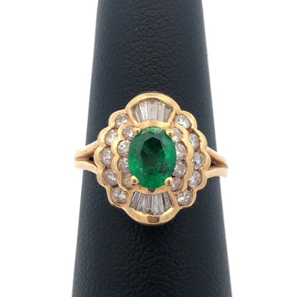 Estate 14K Yellow Gold Oval Emerald Diamond Double Halo Statement Cocktail Ring