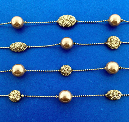 Retro Gold Tone Beaded Egg Oval Faux Bronze Pearl Station Beaded Chain Necklace