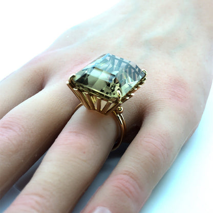 Retro 18K Yellow Gold Emerald Cut Smoky Topaz Statement Cocktail Finger Ring