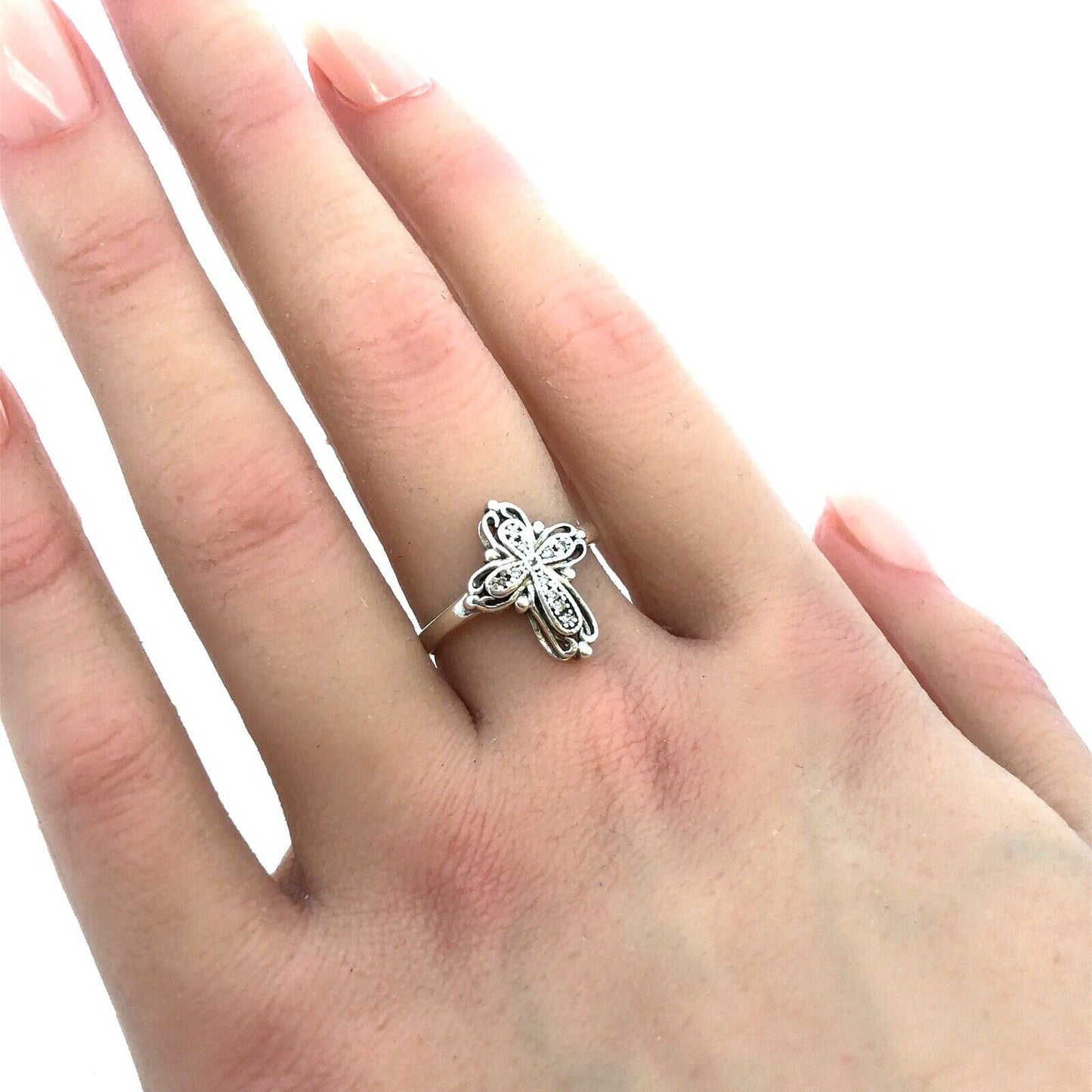 Designer ASHI 925 Sterling Silver Round Diamond Cross Ring