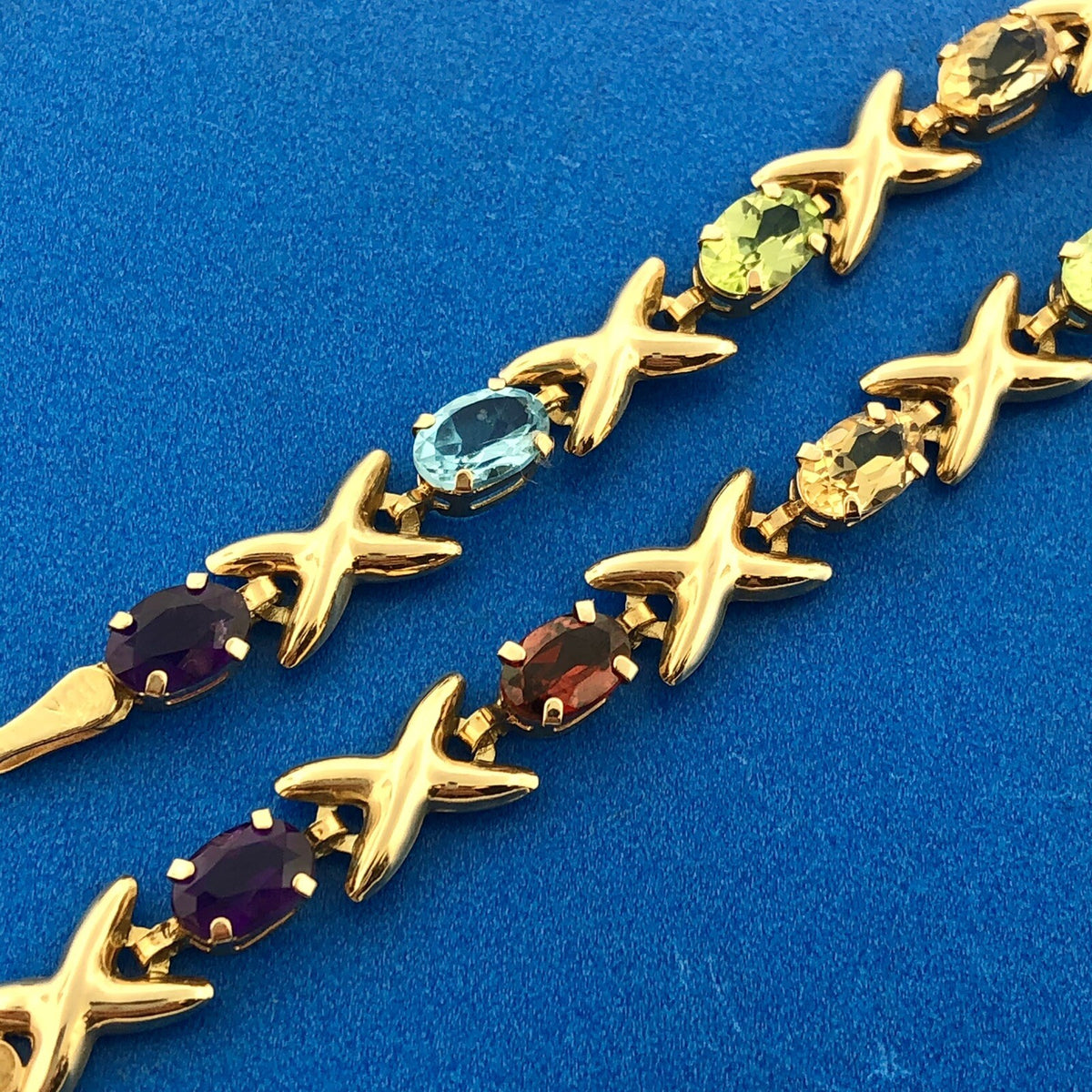 Fabulous Designer 10K Yellow Gold Colorful Multi Gemstone X & O Tennis Bracelet