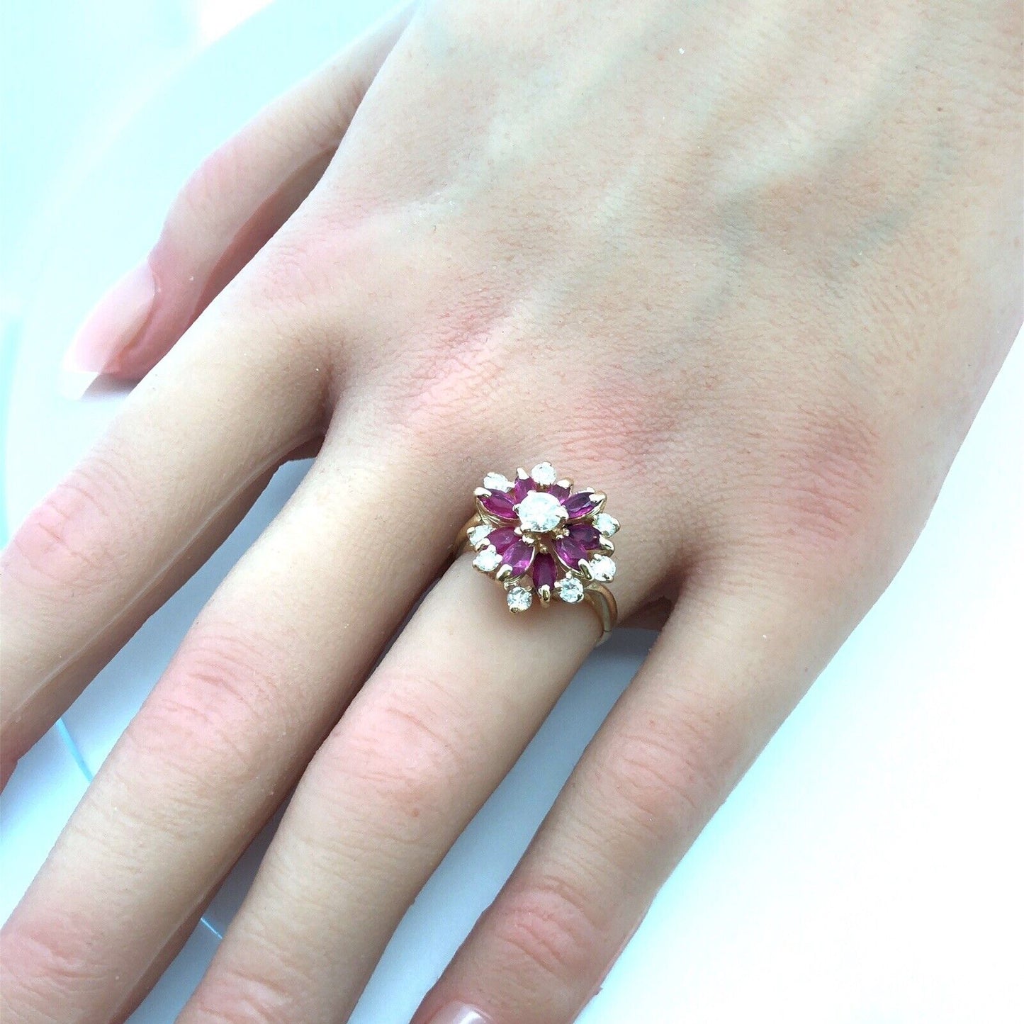 Vintage 14K Yellow Gold Round Diamond Marquise Lab Created Ruby Cocktail Ring