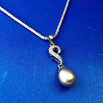 Retro 14K White Gold Gray Pearl Diamond Wedding Anniversary Sweetheart Necklace