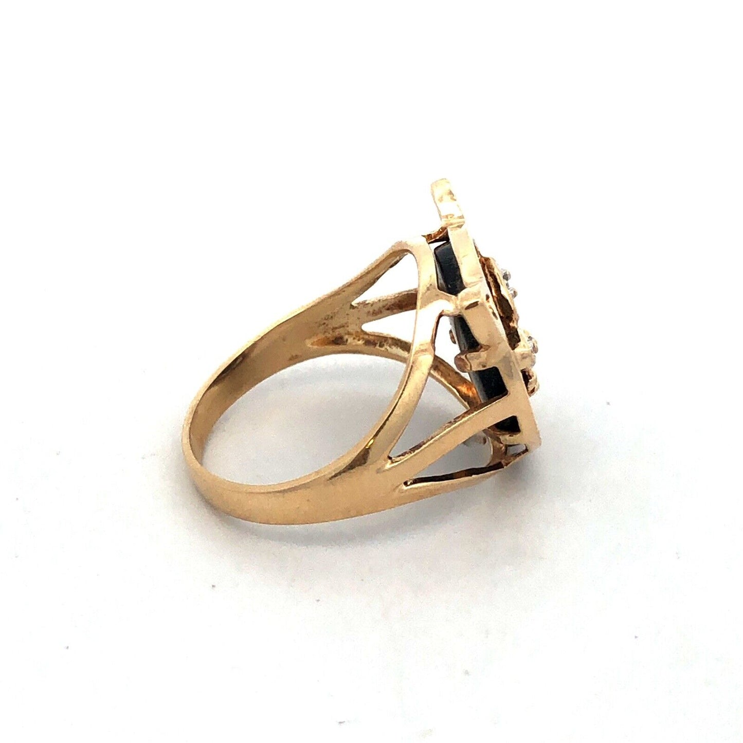 Designer 10K Yellow Gold Round Black Onyx White Topaz Cat Pet Ring