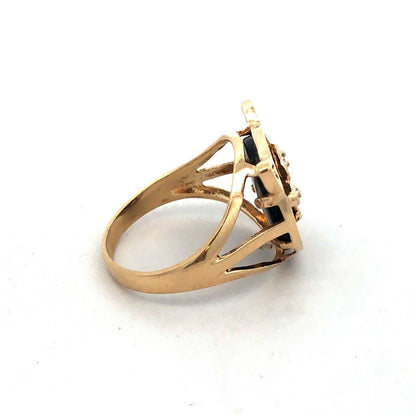 Designer 10K Yellow Gold Round Black Onyx White Topaz Cat Pet Ring