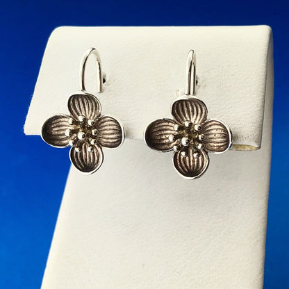 Designer 925 Sterling Silver Poppy Magnolia Textured Flower Drop Dangle Earrings
