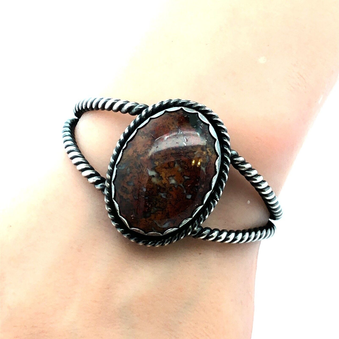 Vintage 925 Sterling Silver Brown Agate Cabochon Statement Open Cuff Bracelet