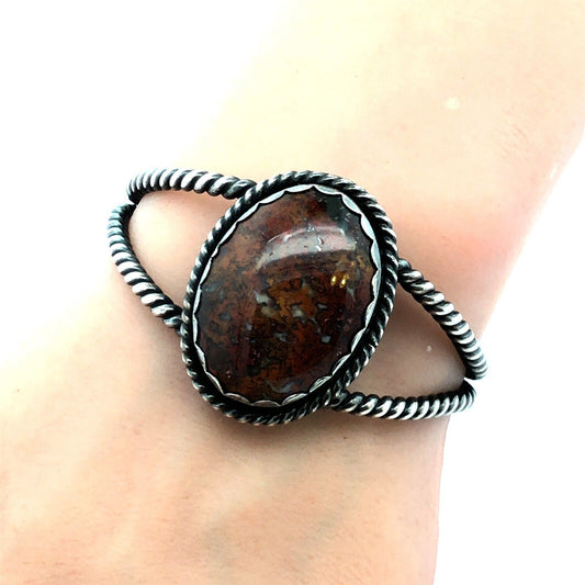 Vintage 925 Sterling Silver Brown Agate Cabochon Statement Open Cuff Bracelet