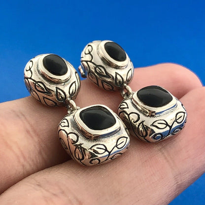 Vintage 925 Sterling Silver Black Onyx Leaf Scroll Balinese Drop Dangle Earrings