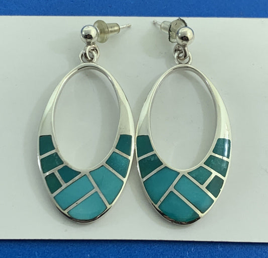 Tomo Turquoise Inlay Cutout Modern Oval 925 Sterling Silver Dangle Studs