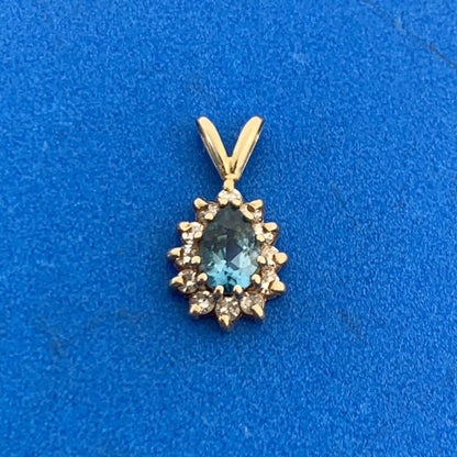 Estate 14k Yellow Gold Pear Blue Topaz Diamond Halo Pendant