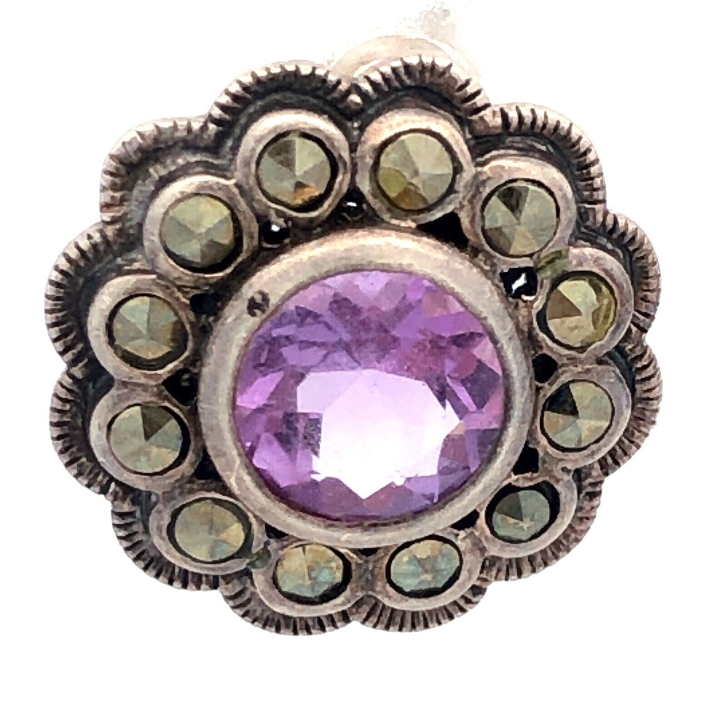 Vintage Designer A 925 Sterling Silver Amethyst Marcasite Flower Stud Earrings
