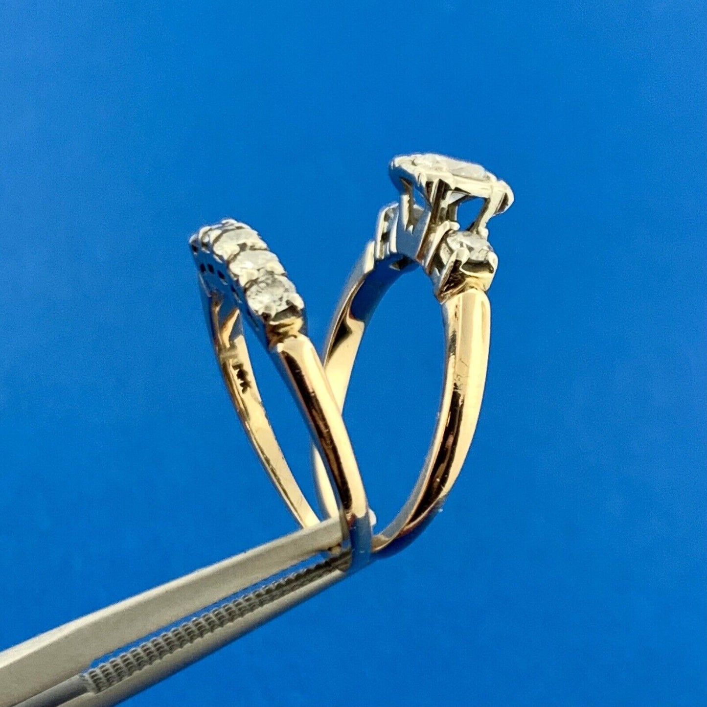 Vintage 14k Yellow Gold Round Cut Diamond Wedding Band Set Ring Size 4.75