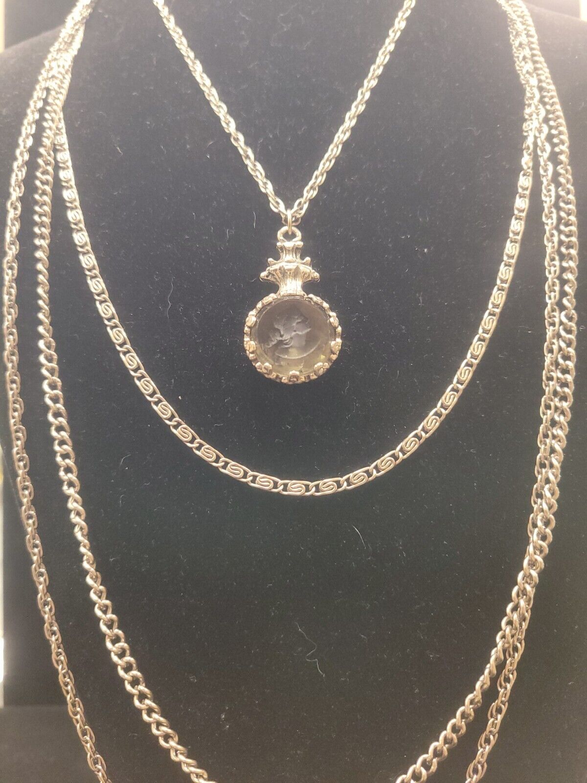 1960'S Goldette Silver Tone Smoky Glass Incused Cameo Layered Chain Necklace